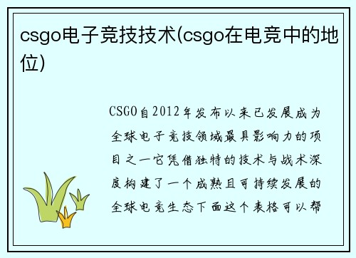 csgo电子竞技技术(csgo在电竞中的地位)